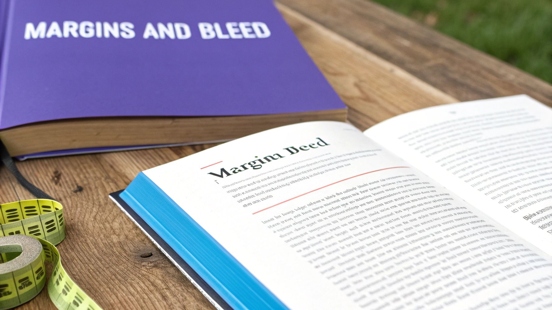 Open and closed books about margins and bleed, with a measuring tape on a wooden surface.