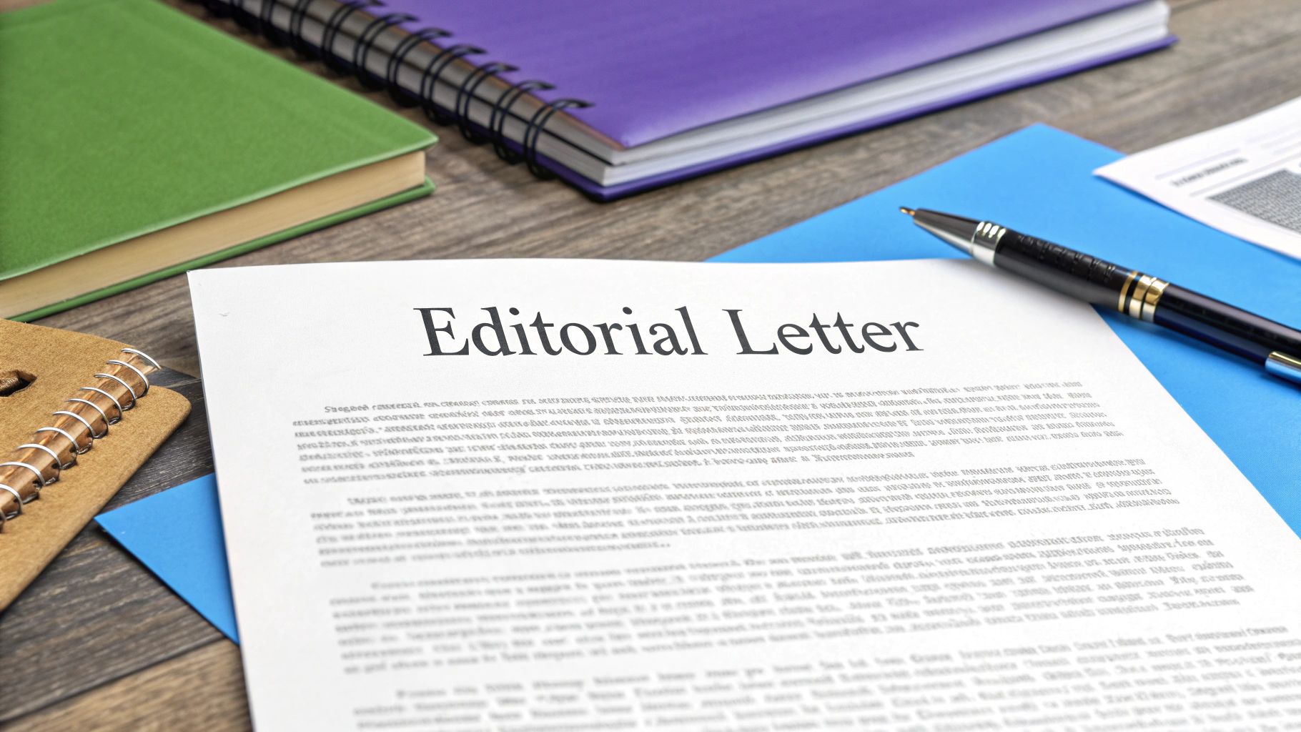 A document titled 'Editorial Letter' on a blue folder with a pen, alongside books and notebooks on a desk.