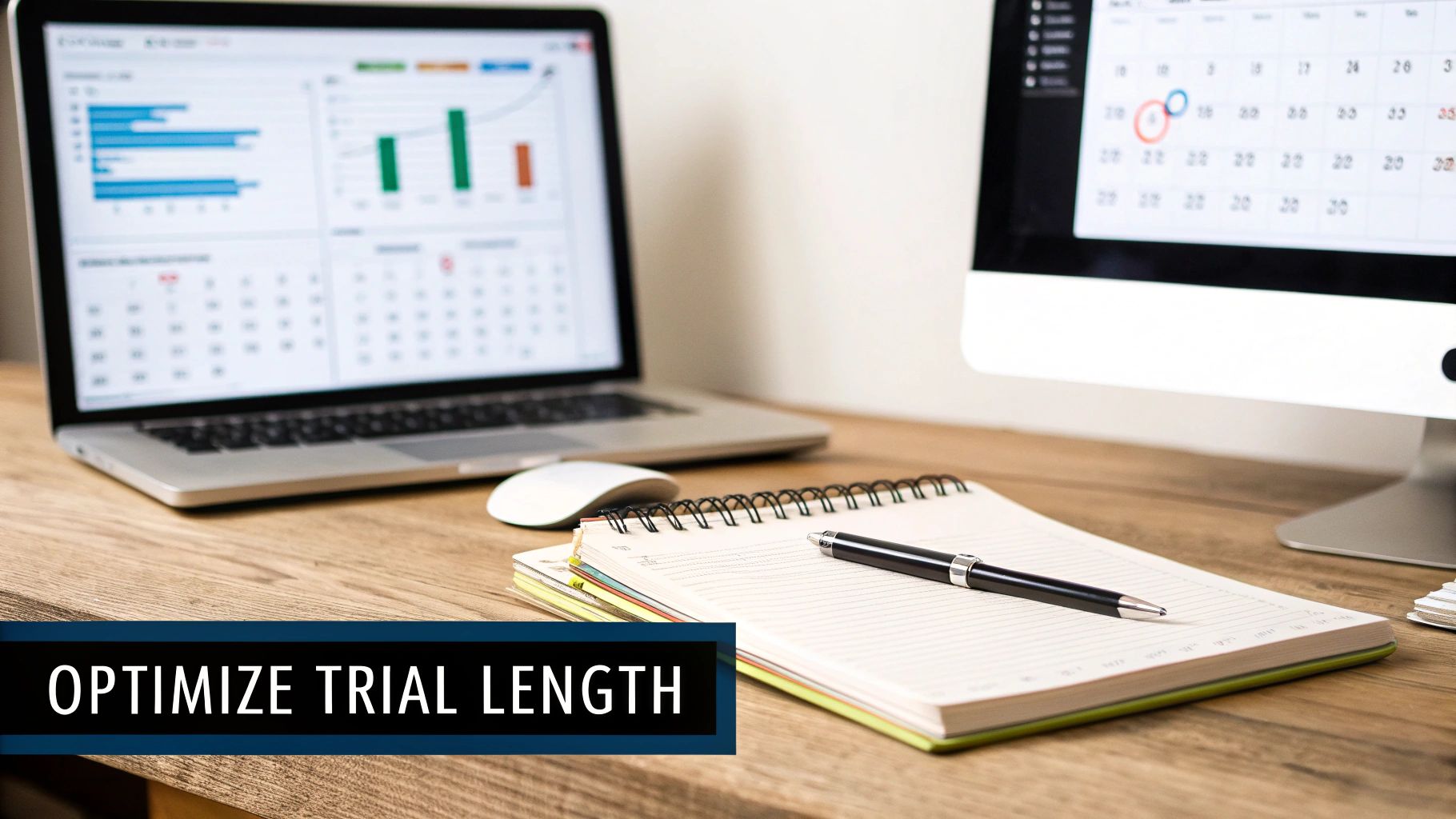 A laptop displaying data charts, a monitor, and a notebook on a desk. Text: OPTIMIZE TRIAL LENGTH.
