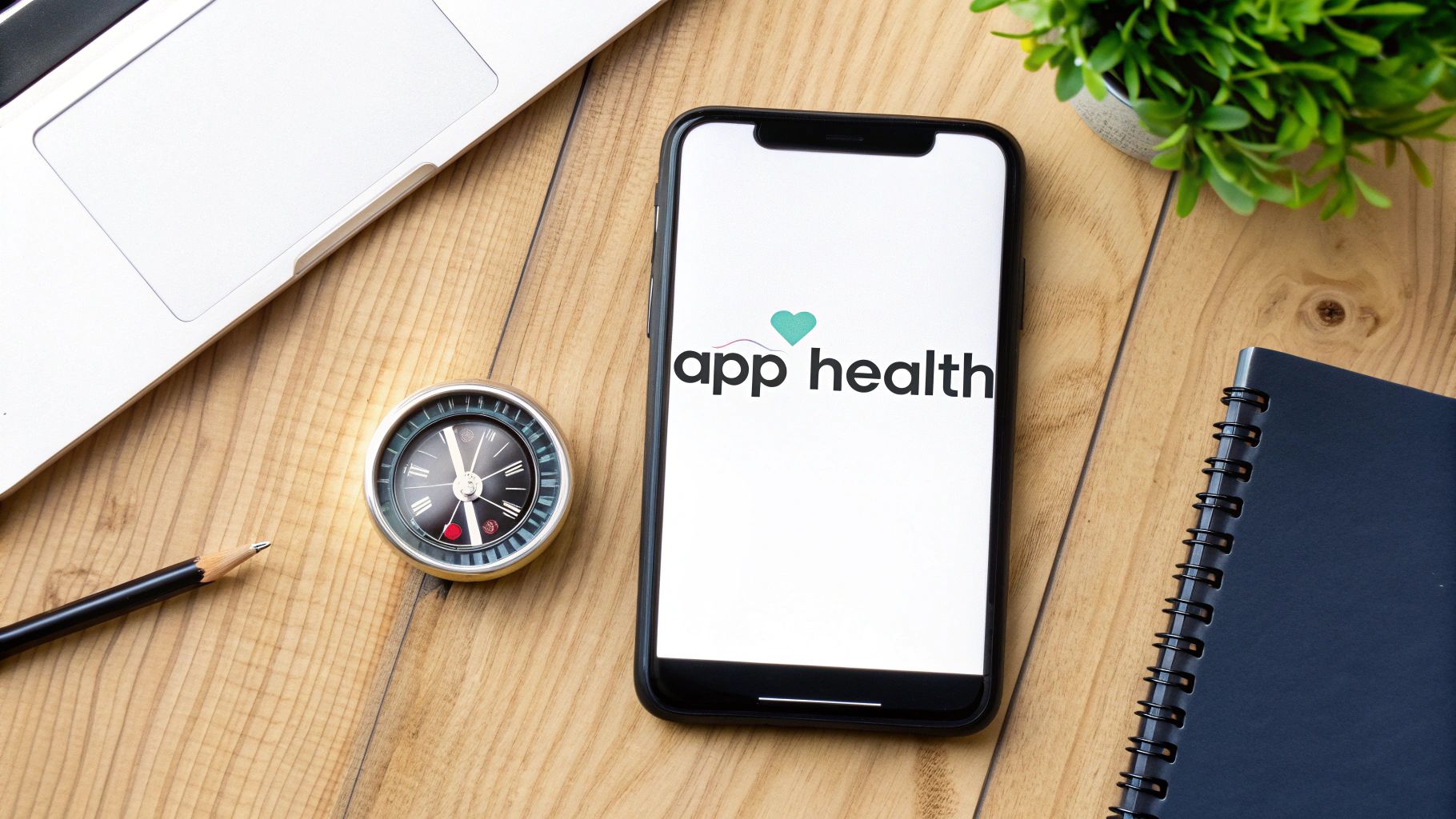 Flat lay of a desk with a smartphone showing 'app health' logo, laptop, compass, and notebook.