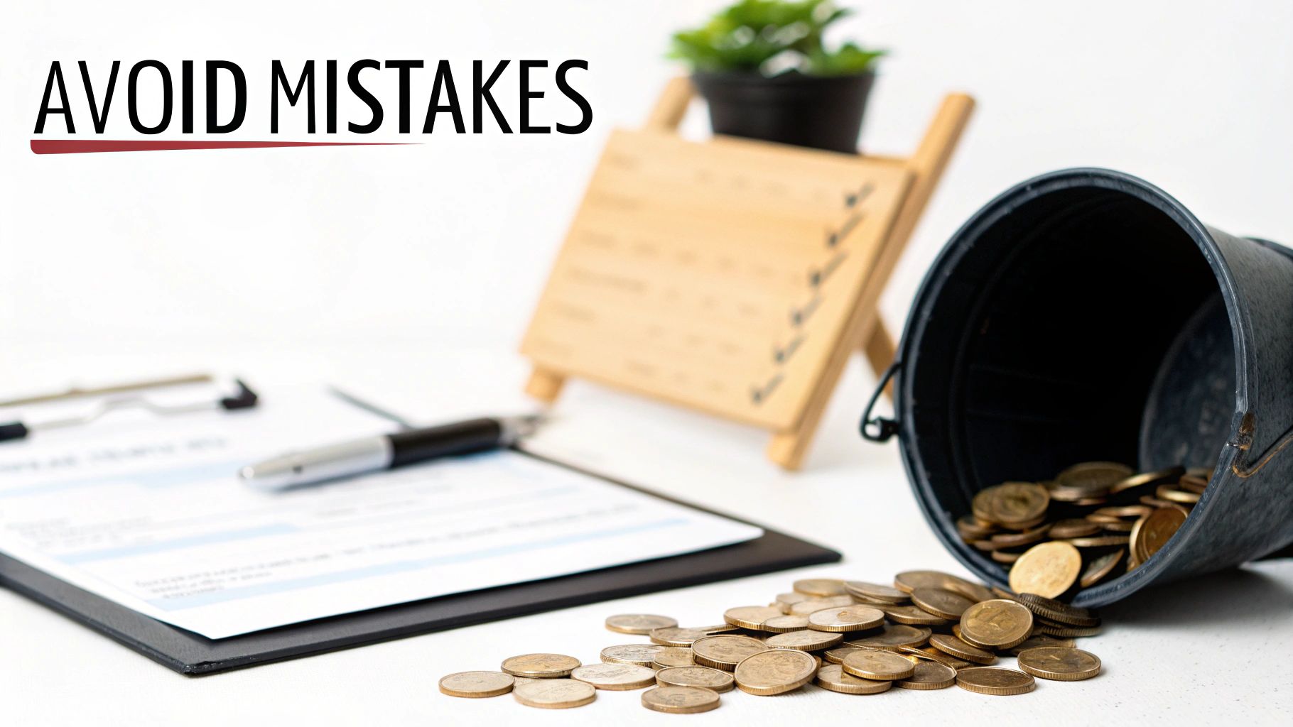 A financial scene with 'AVOID MISTAKES' text, clipboard, pen, and coins spilling from an overturned bucket.