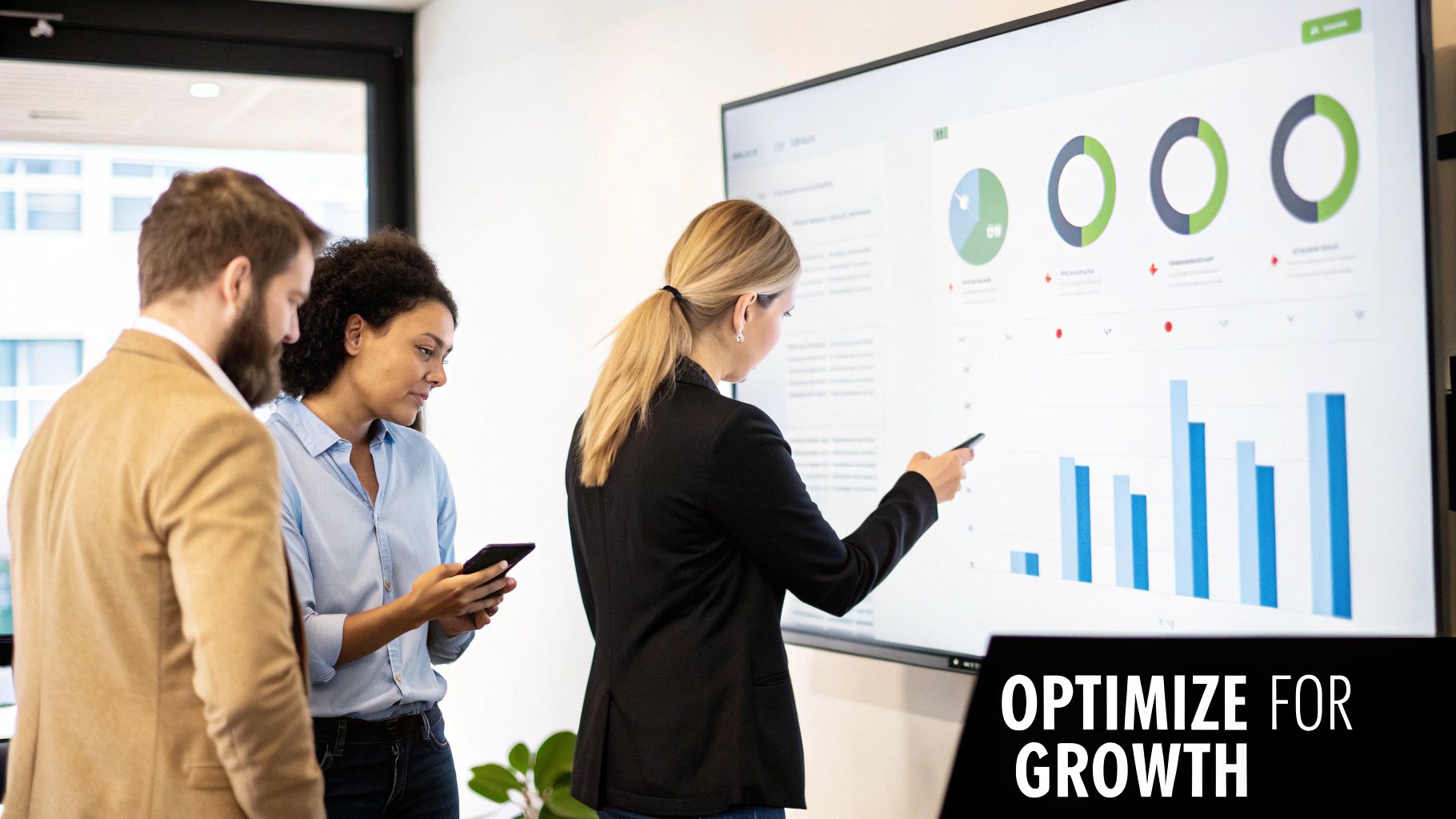 Business professionals review mobile application optimization data on a large screen, focused on growth.