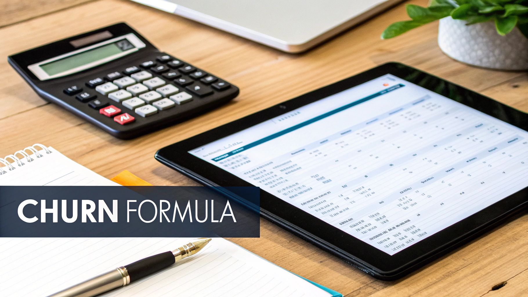 A person using a calculator with charts and graphs in the background, representing the calculation of churn rate.