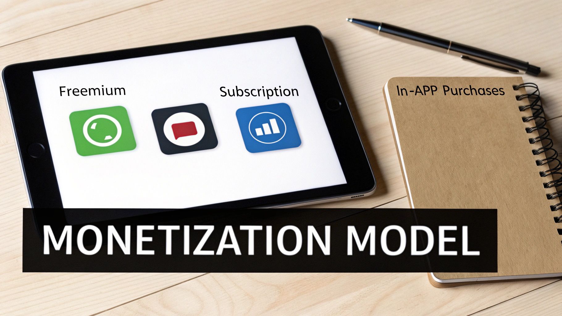 Tablet displaying three app monetization models: freemium, subscription, and in-app purchases on desk