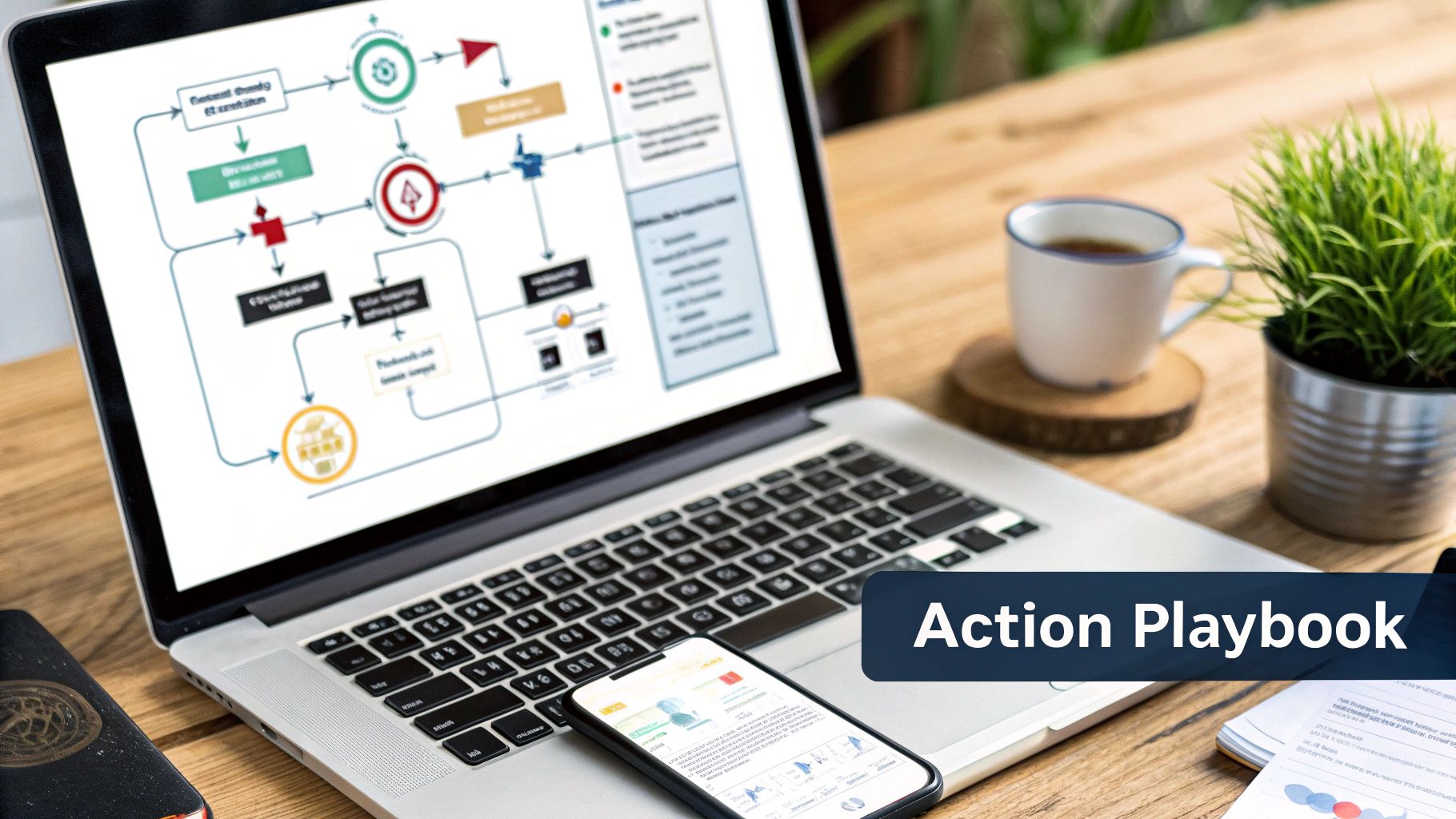 A laptop displaying a business process flowchart on a wooden desk with a smartphone, coffee, and plant.