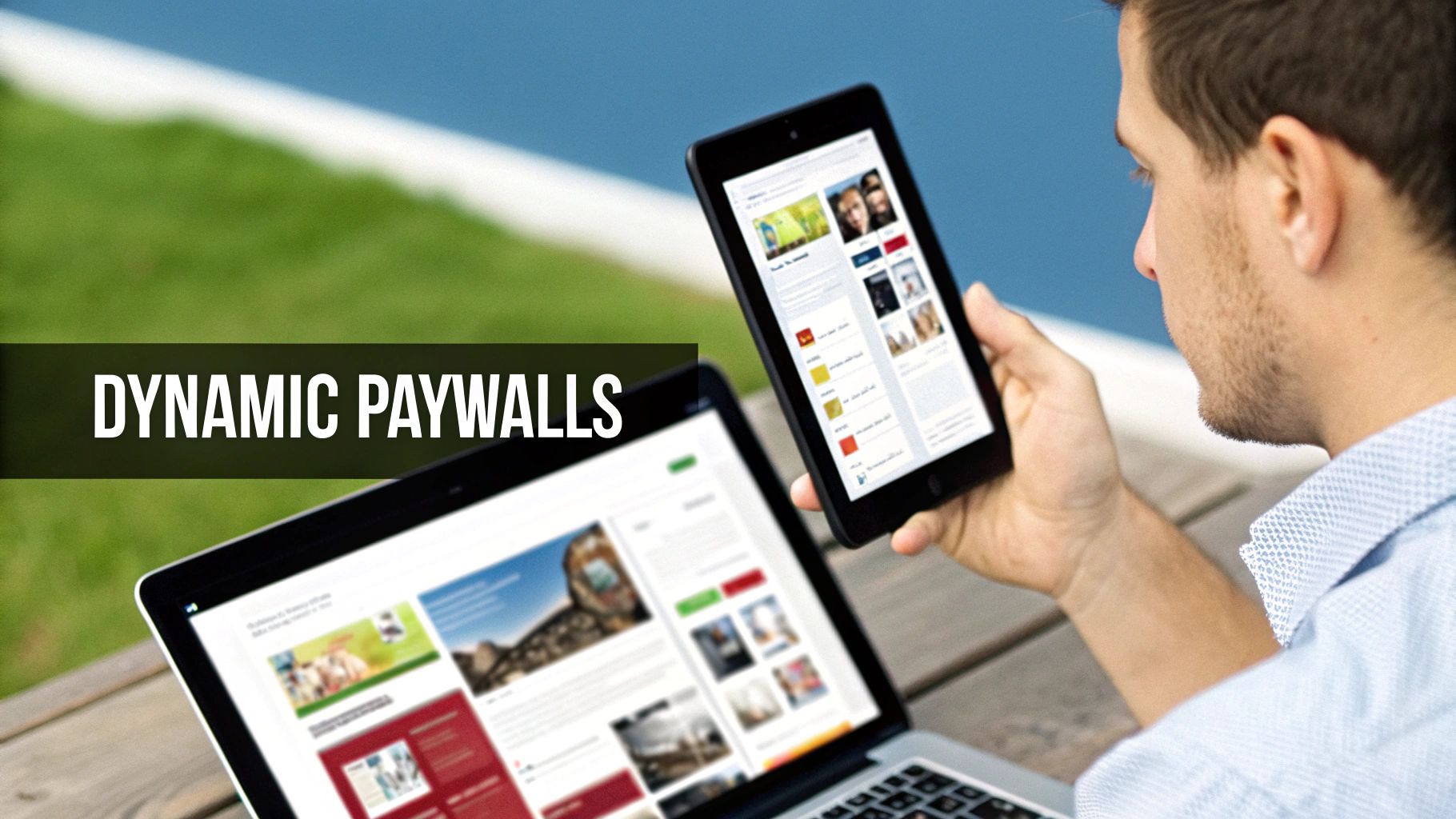 A man views digital content on a tablet and laptop, with 'DYNAMIC PAYWALLS' text overlaid.