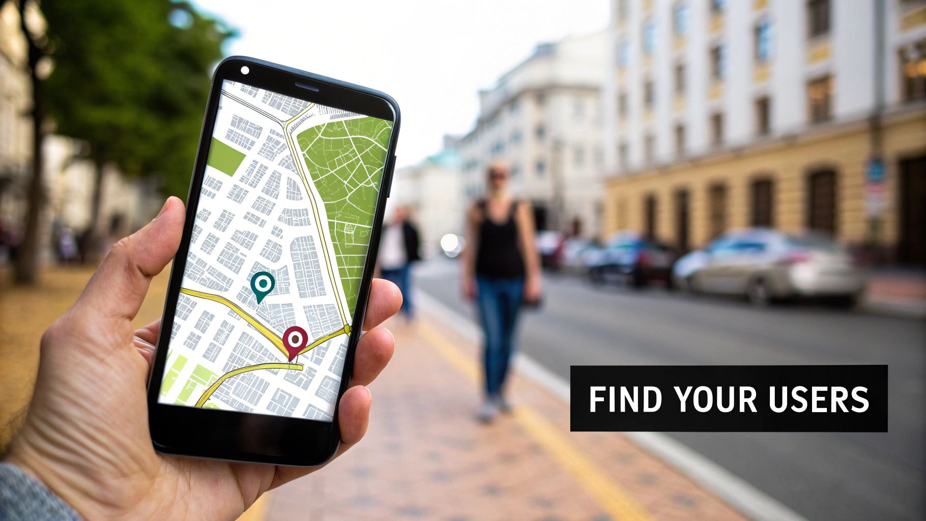 A person pointing at a large screen with charts and graphs, representing app growth strategy.