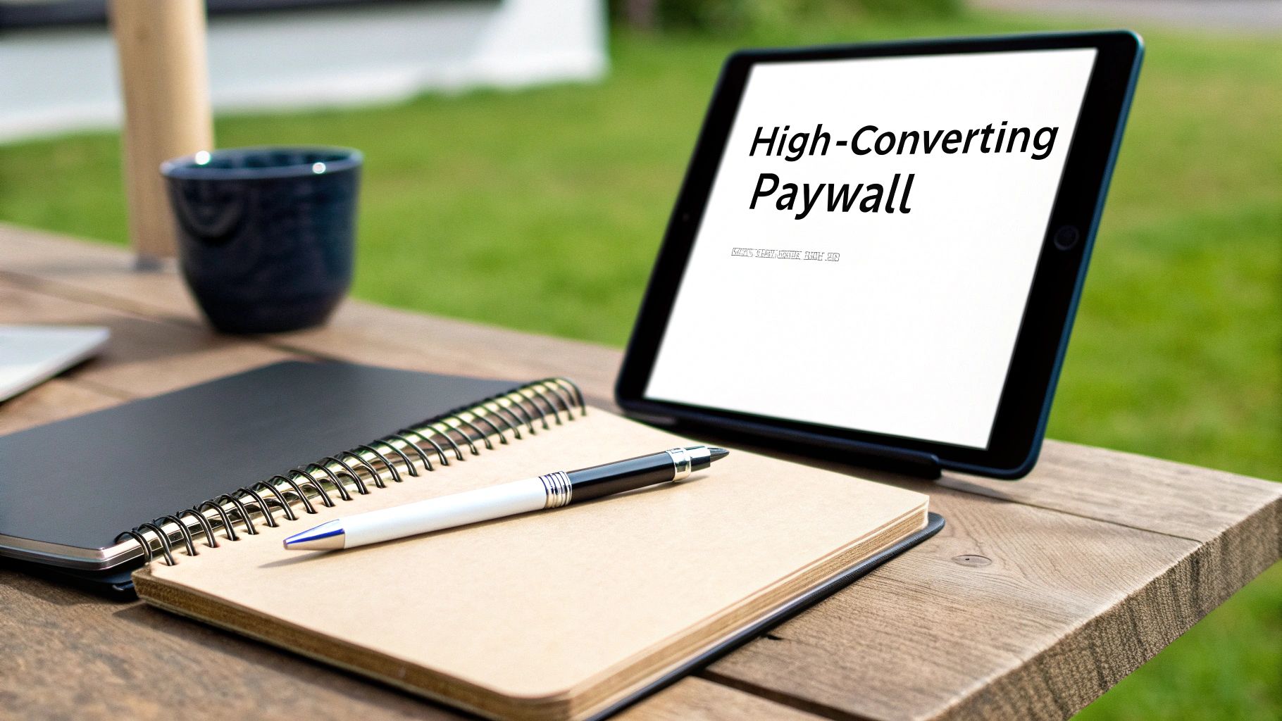 An outdoor workspace setup with a tablet displaying 'High-Converting Paywall', notebooks, pen, and a blue cup.