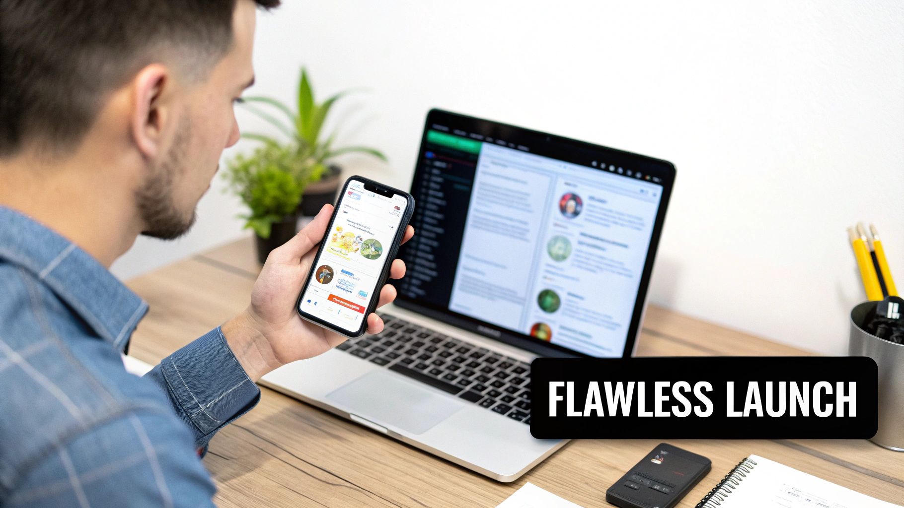 A developer's desk showing an iPhone with an app open, surrounded by design sketches and code on a laptop screen, illustrating the iOS app development process.