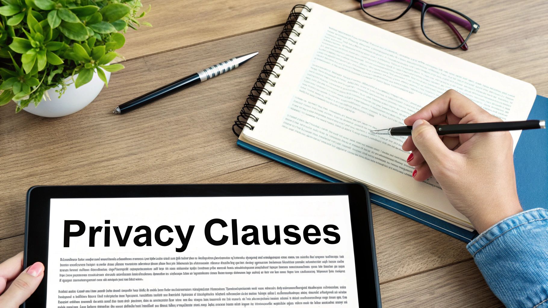 Hands reviewing "Privacy Clauses" on a tablet and writing in a notebook on a wooden desk.