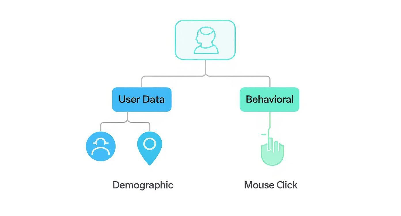 Diagram illustrating types of user data: demographic (person, location) and behavioral (mouse click).