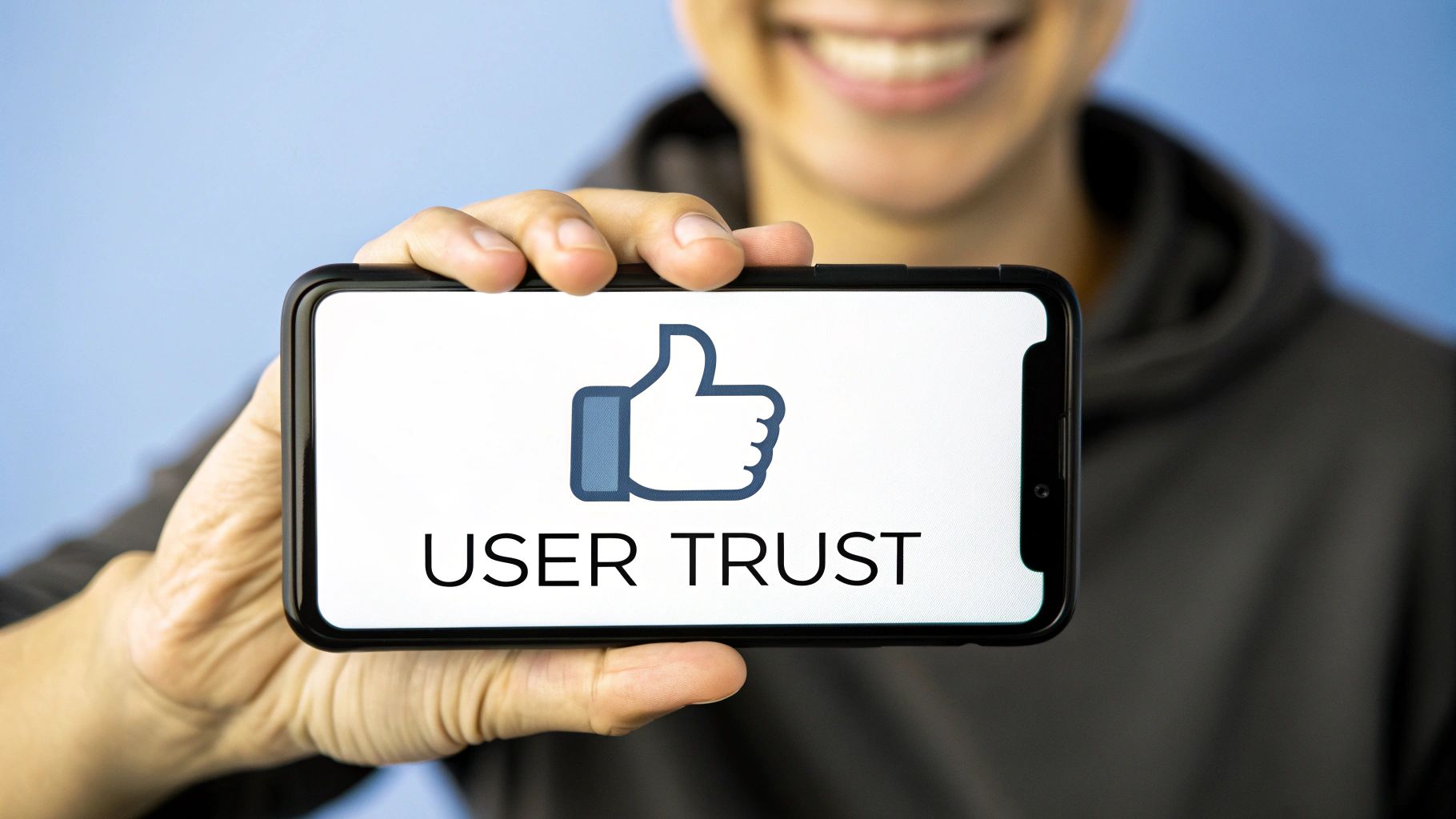 A user happily interacting with an app on their phone, indicating a positive experience with their restored purchases.