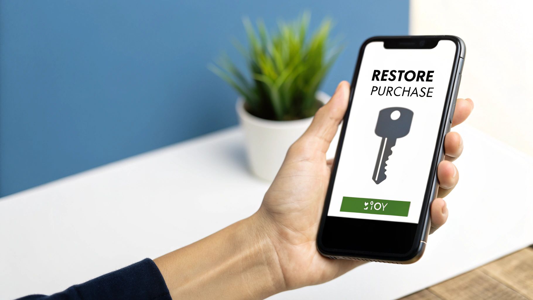 A smartphone displaying a successful purchase restoration confirmation message.