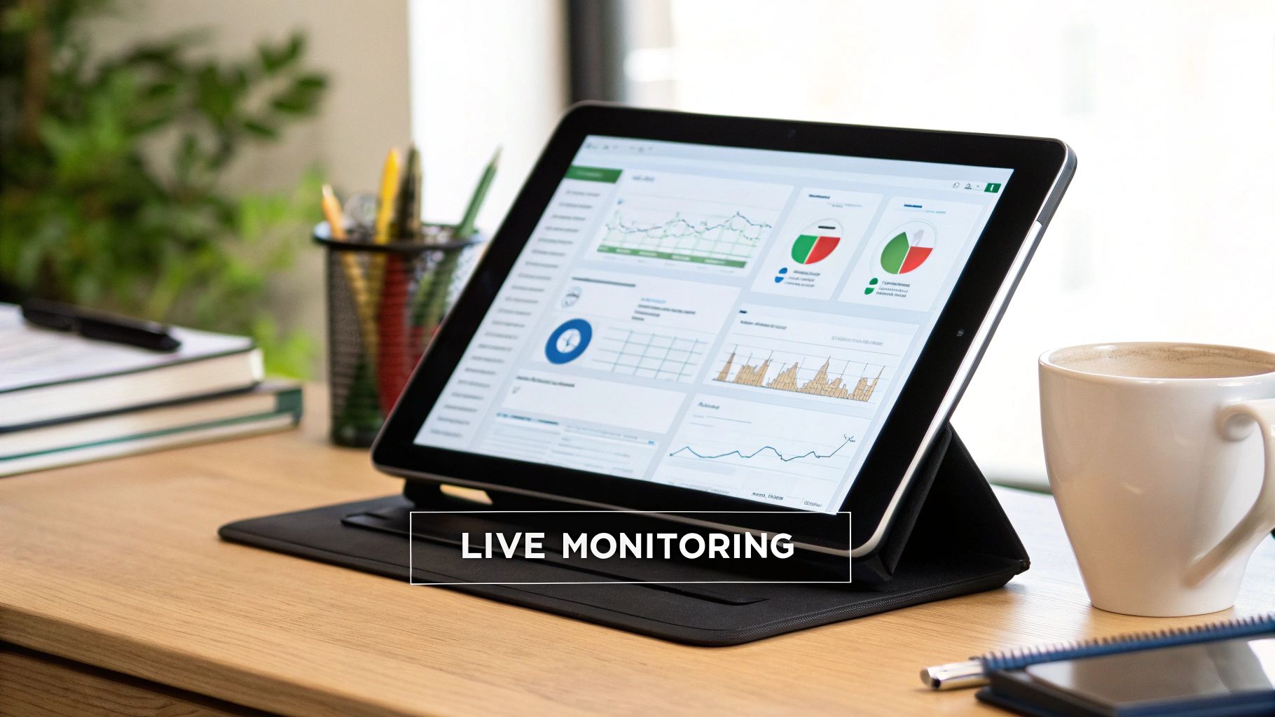 Business analytics dashboard displaying real-time data charts and graphs on tablet device for mobile app testing