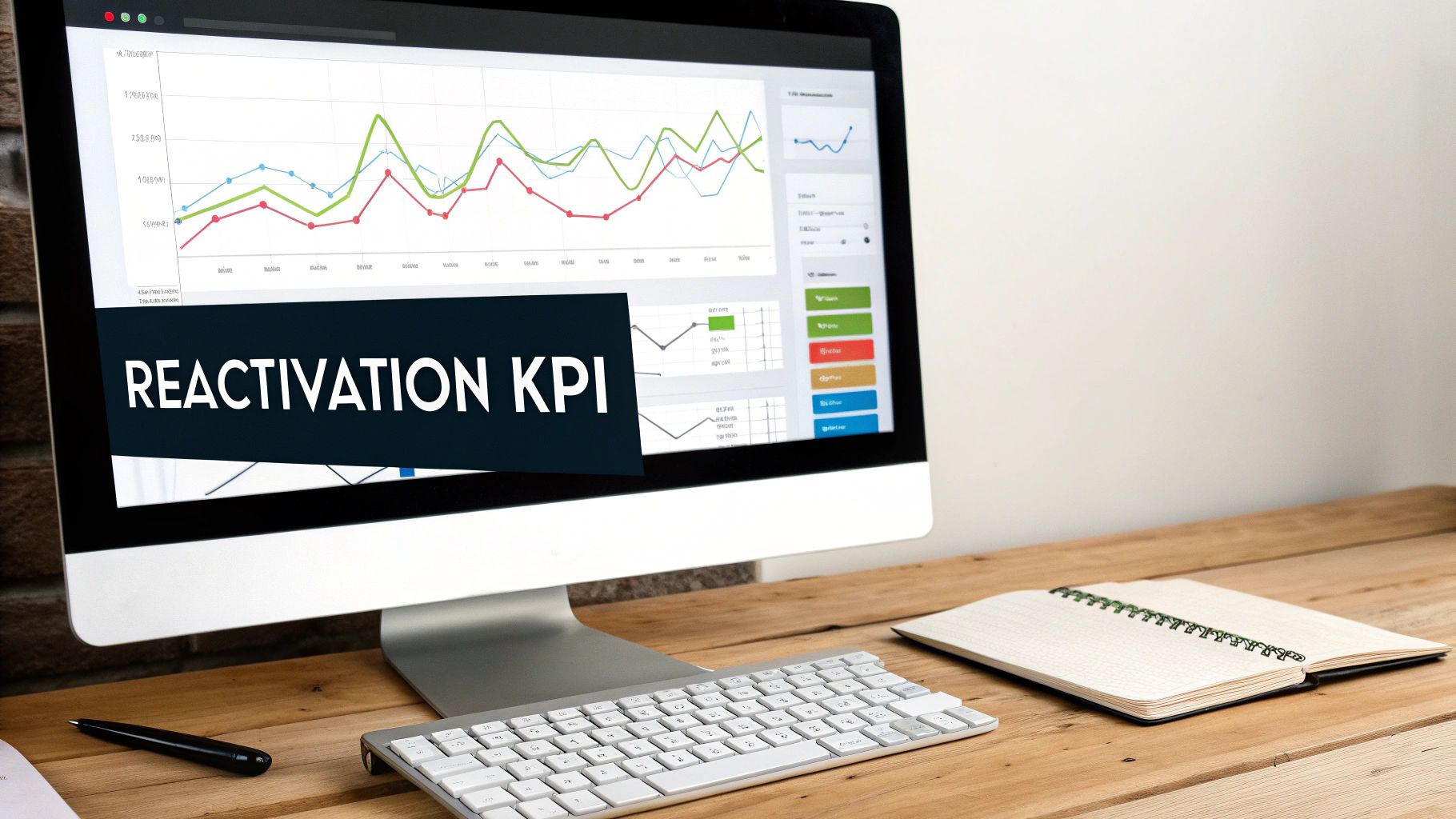 Computer monitor displaying reactivation KPI dashboard with multiple colored trend lines and performance metrics