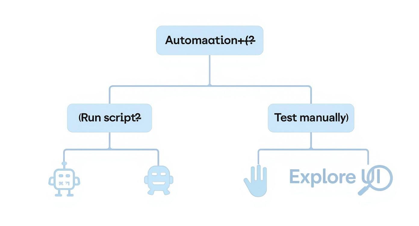 An infographic decision tree asks 'Automation?' If yes, a robot icon shows a script running. If no, a hand icon points to manual testing, which leads to a magnifying glass icon for exploring the UI.