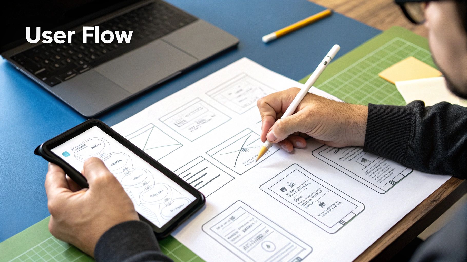 A diverse team of app developers collaborating around a large screen showing code and app mockups.