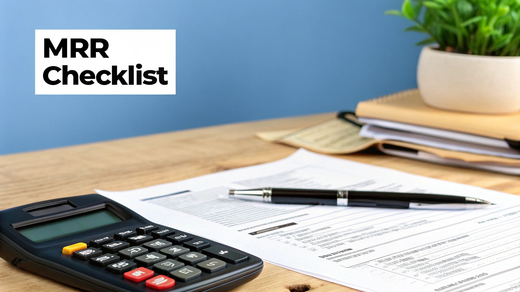 A close-up of a calculator and financial documents on a desk, representing the precision needed for MRR calculations.