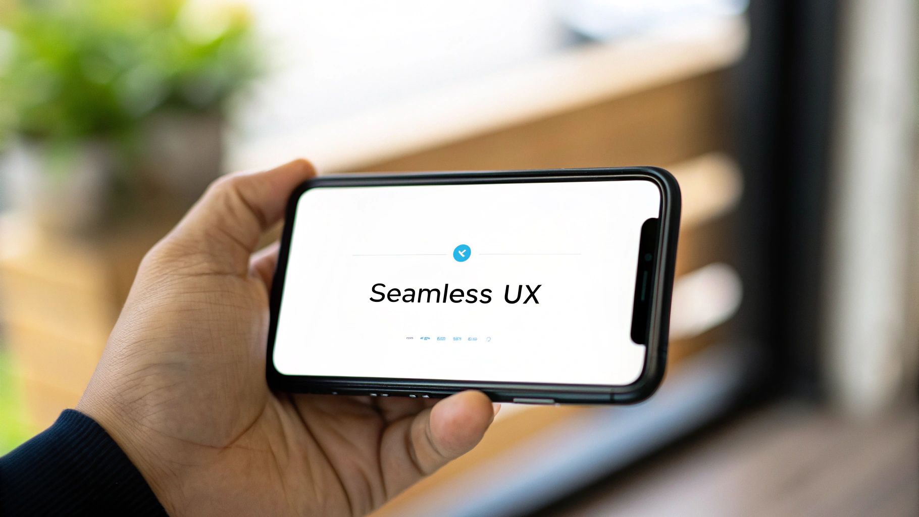 A hand holds a smartphone horizontally displaying 'Seamless UX' text on its screen.
