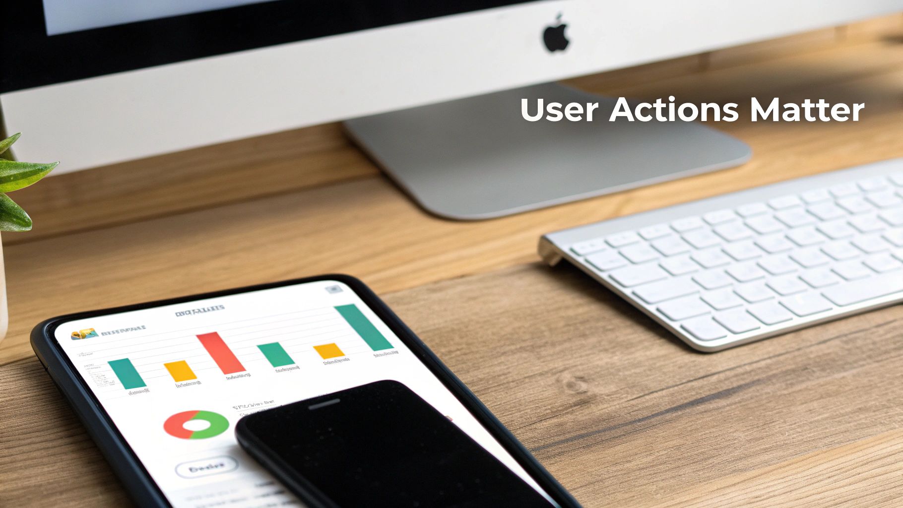 A close-up of a desk with an Apple monitor, keyboard, and a smartphone displaying data charts, emphasizing user actions.