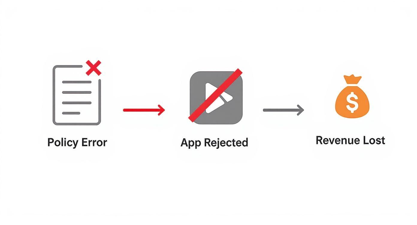 Diagram showing policy errors leading to app rejection and subsequent revenue loss.