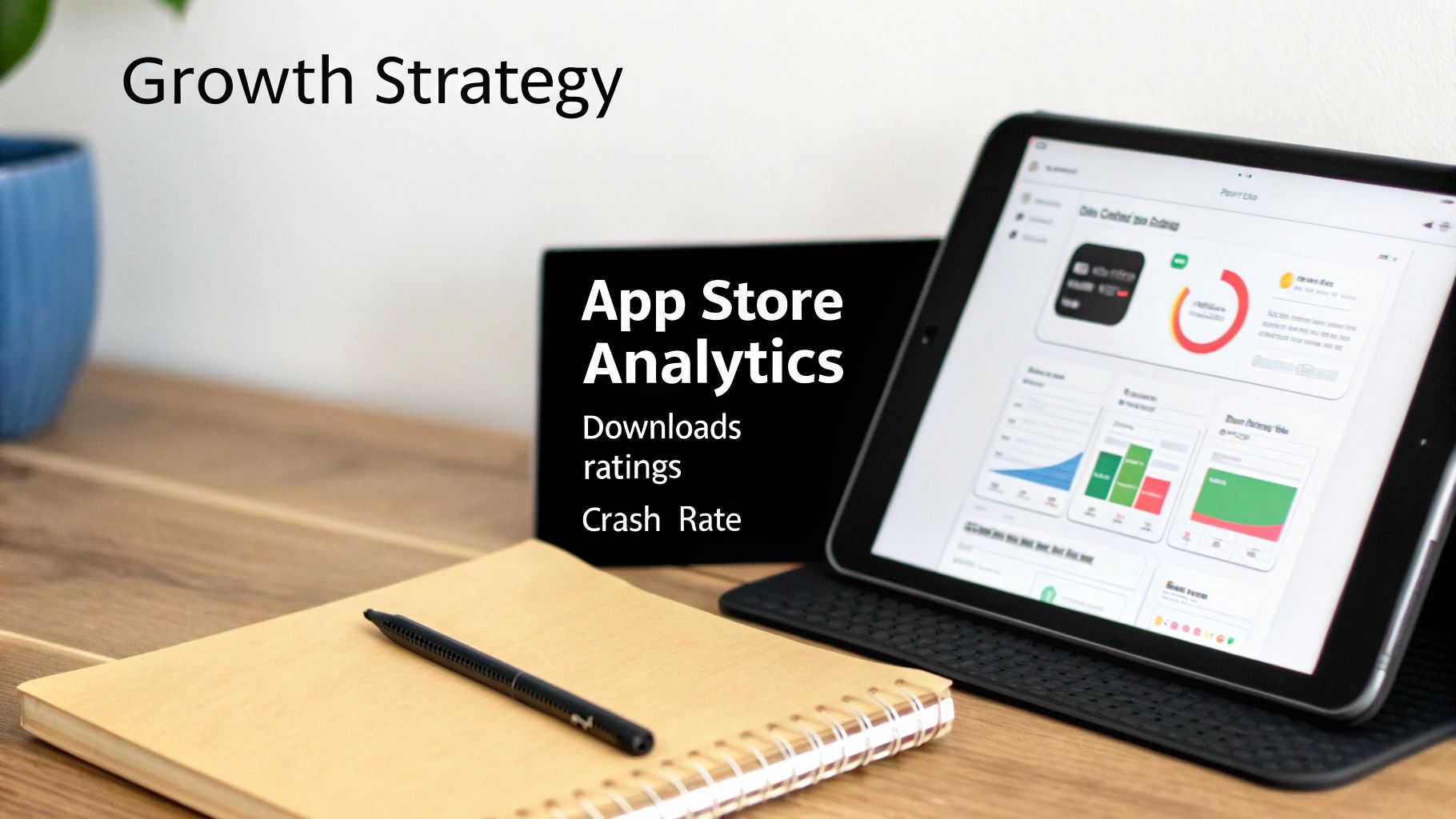 A detailed analytics dashboard on a screen showing app performance metrics like downloads, user retention, and crash rates, with charts and graphs indicating growth.
