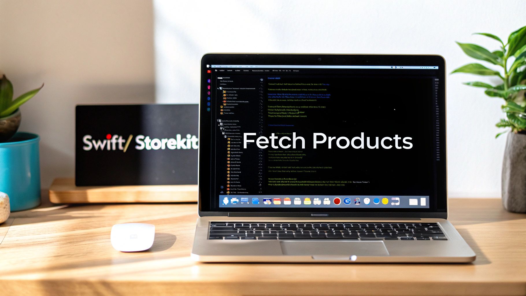 A stylized illustration showing the StoreKit framework icon connecting to an iPhone screen displaying in-app purchase options.