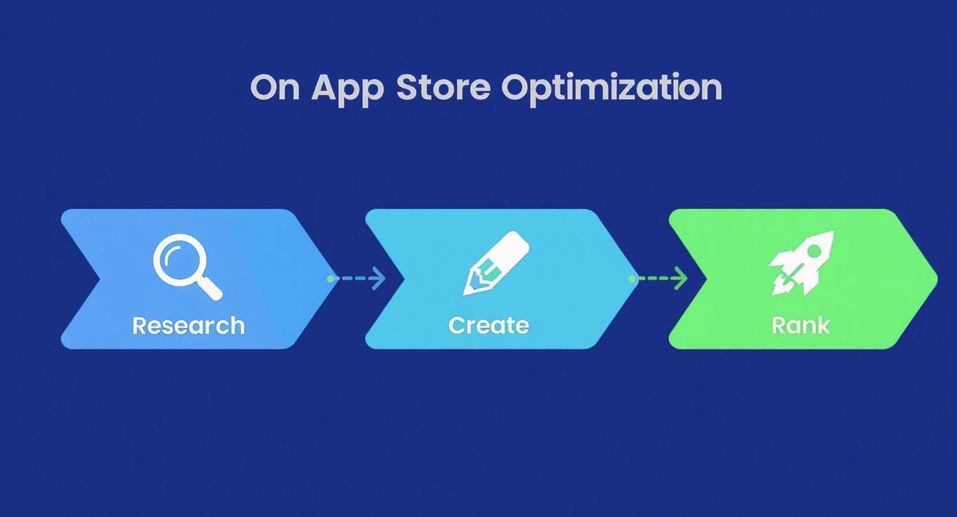 A three-step process for App Store Optimization: Research, Create, and Rank.