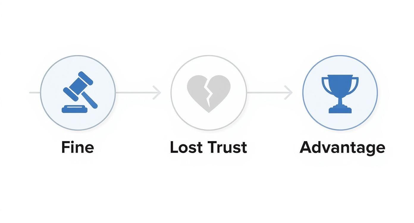 A flowchart showing three steps: 'Fine' (gavel), 'Lost Trust' (broken heart), and 'Advantage' (trophy).