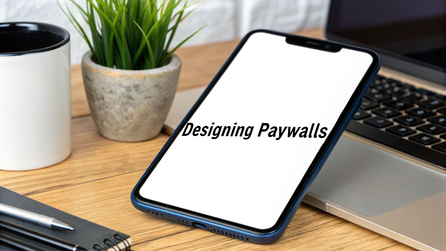 A smartphone displays 'Designing Paywalls' on a white screen, surrounded by a mug, plant, and laptop on a wooden desk.