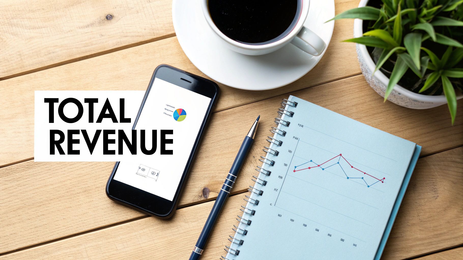 Overhead view of a desk with a phone, notepad, coffee, and 'TOTAL REVENUE' text for business analysis.