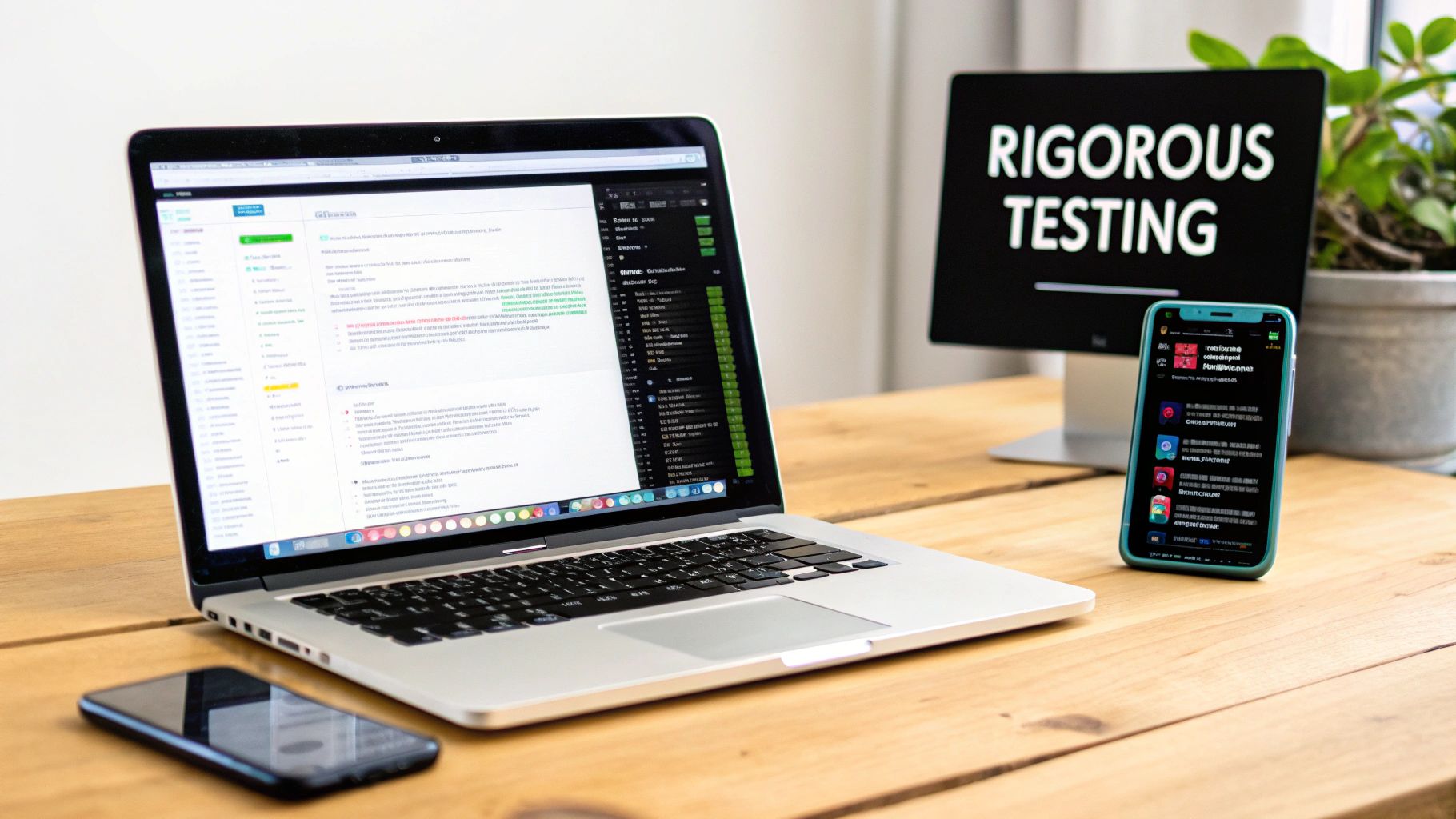 A developer working on a laptop with code on the screen, illustrating the app development process.