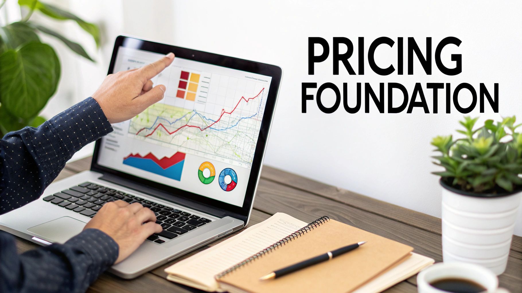 Business professional analyzing pricing foundation data with charts and graphs on laptop screen