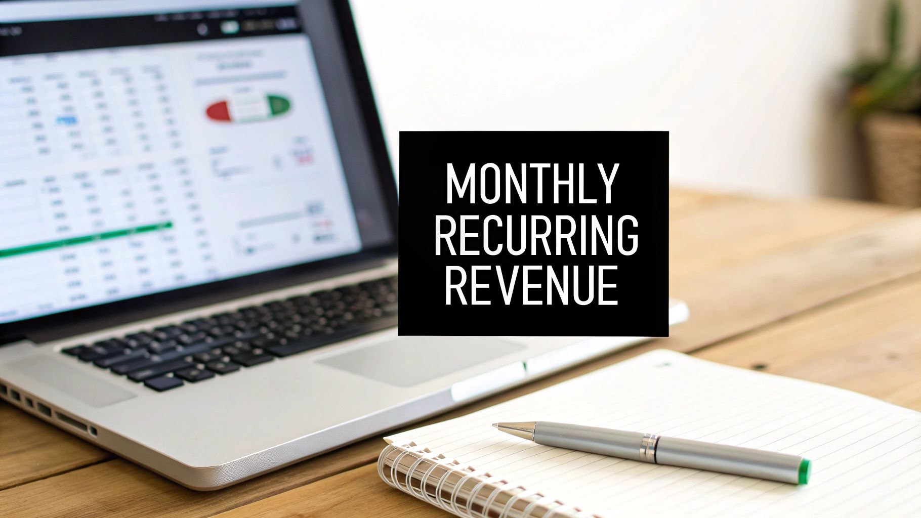 Monthly recurring revenue concept displayed on laptop screen with spreadsheet and notebook on desk