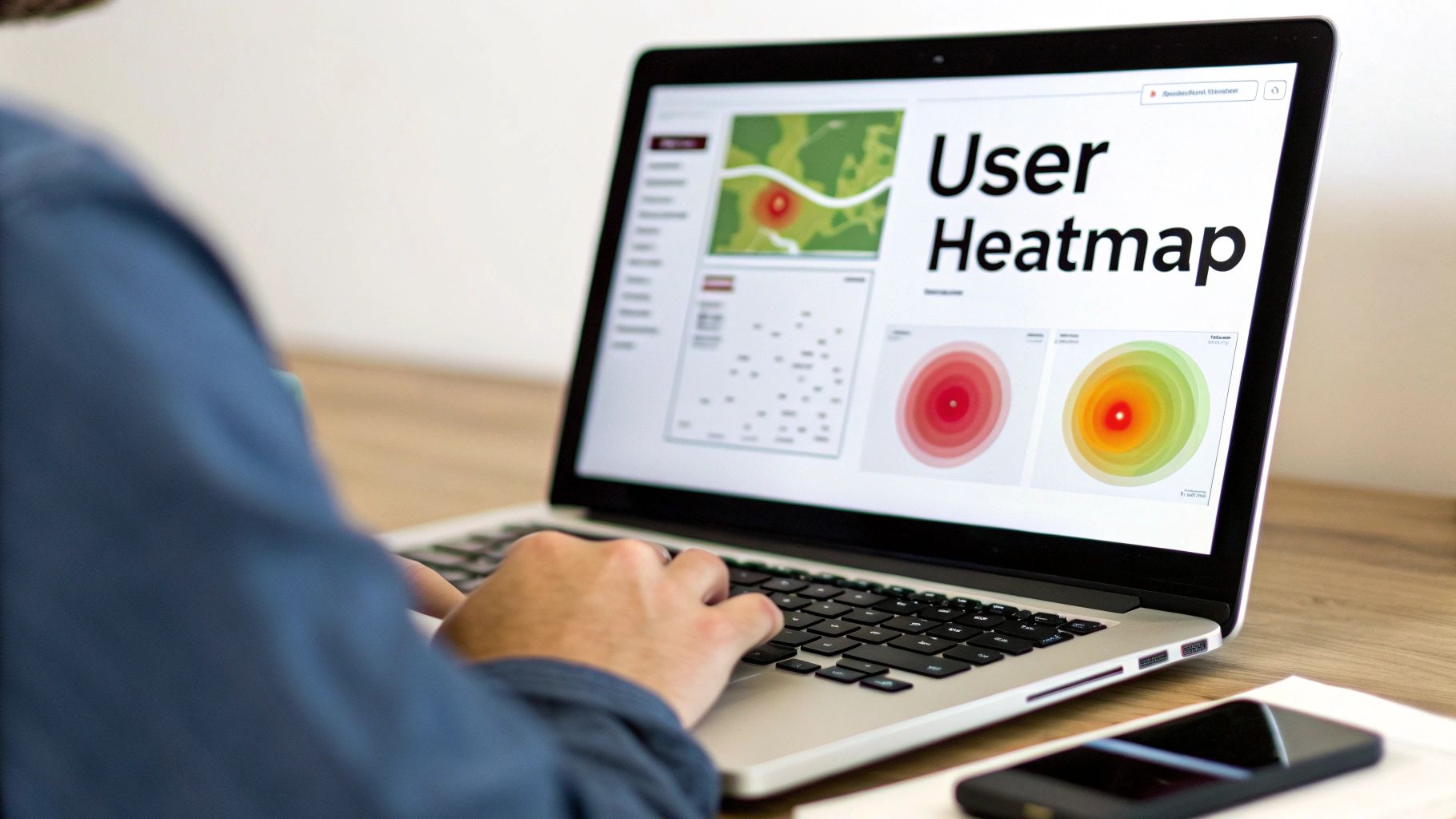 Person typing on a laptop displaying a 'User Heatmap' for website conversion rate optimization.