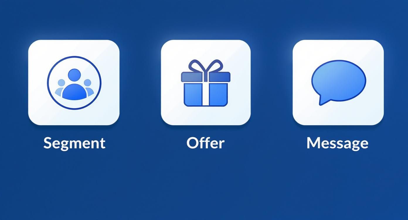 Three blue icons showing segment, offer, and message features for marketing campaigns