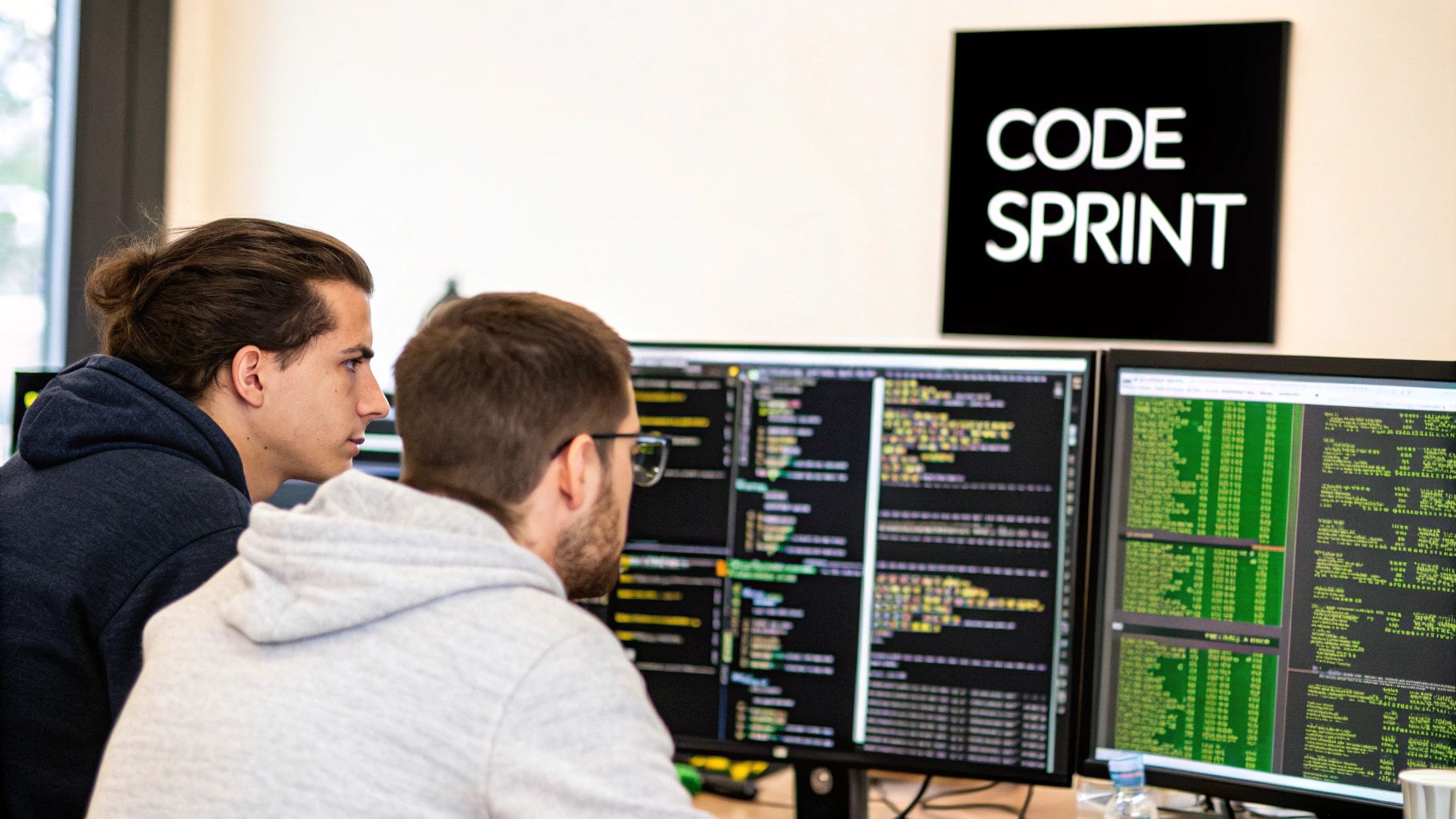An app developer testing a mobile app on various devices, with app store logos in the background.