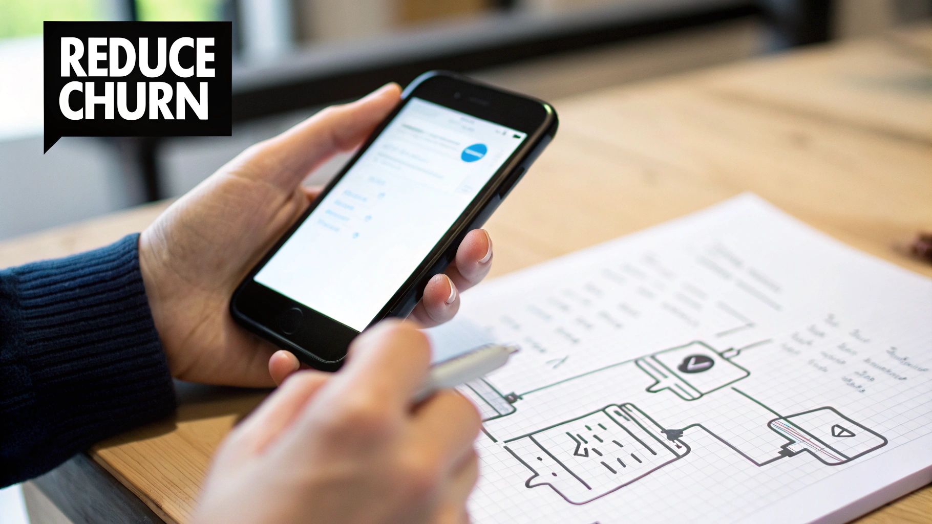 Hands using a smartphone and pen, planning strategies on a notebook to reduce churn.