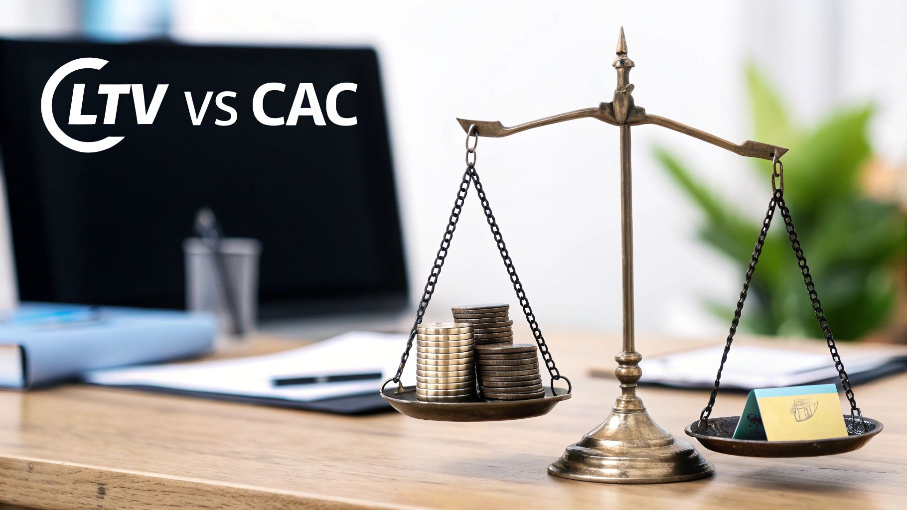 Balance scale comparing LTV versus CAC metrics with coins and credit cards representing business value