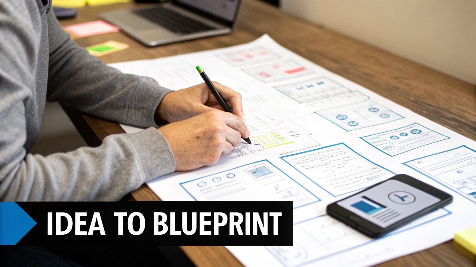 A team planning an app's features on a whiteboard