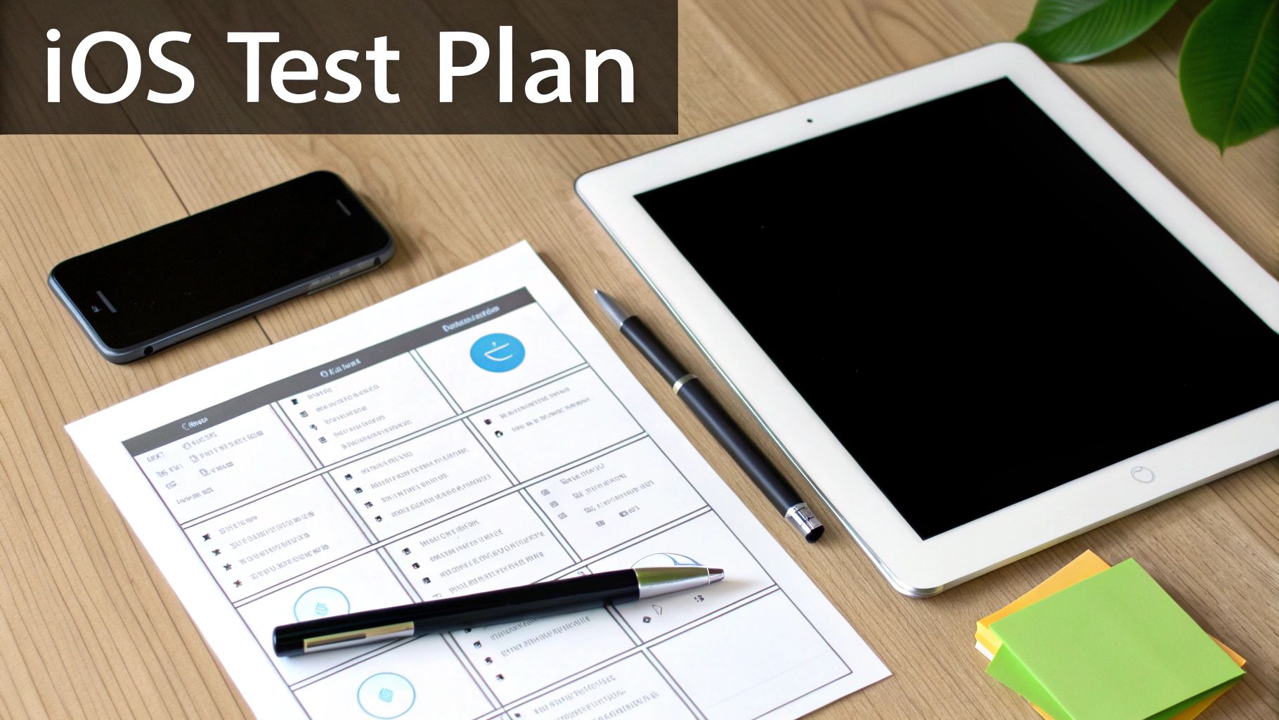 A person is sitting at a desk with a laptop, using their left hand to hold a smartphone while their right hand is on the laptop's trackpad, implying a focus on planning and mobile app testing.