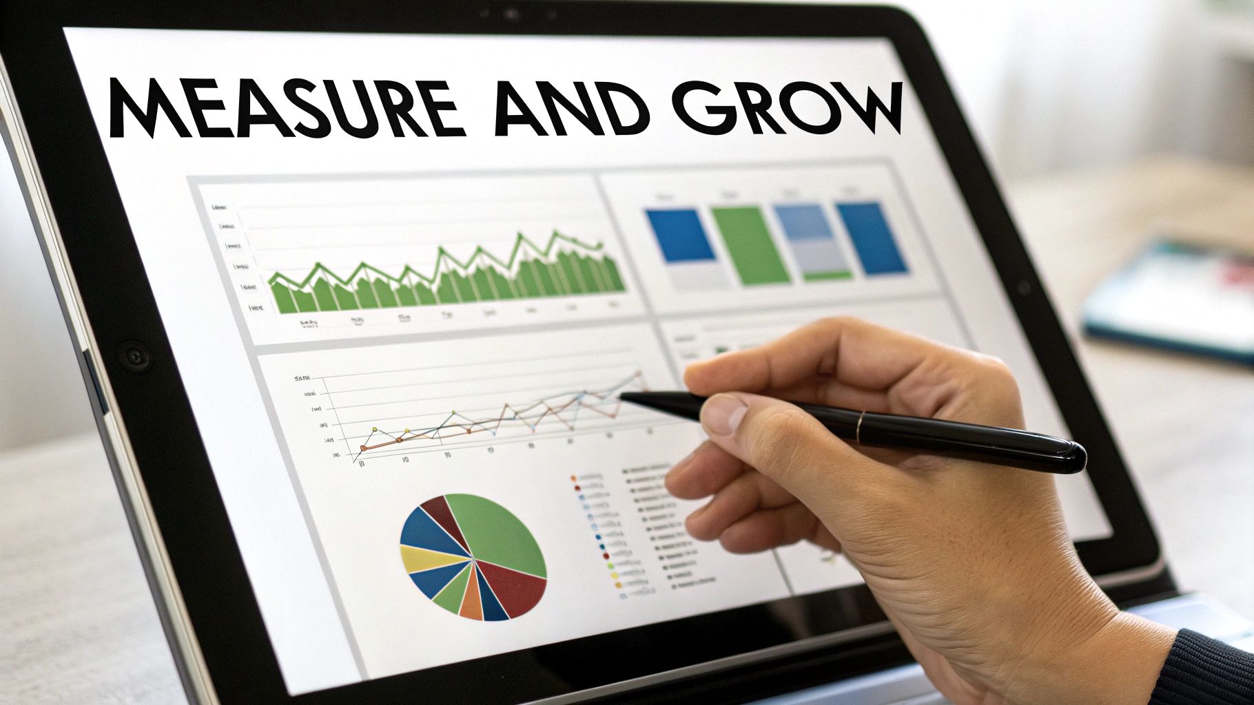 Person's hand with a stylus on a tablet displaying financial data, charts, and 'MEASURE AND GROW'.