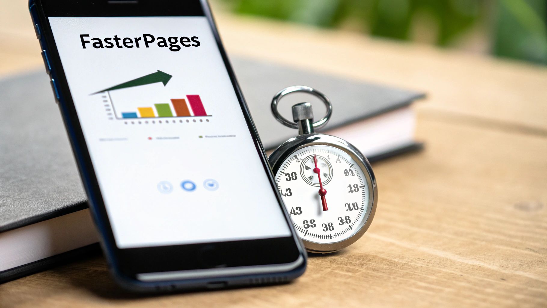 Smartphone displaying 'FasterPages' with a performance graph and a stopwatch, symbolizing speed optimization.