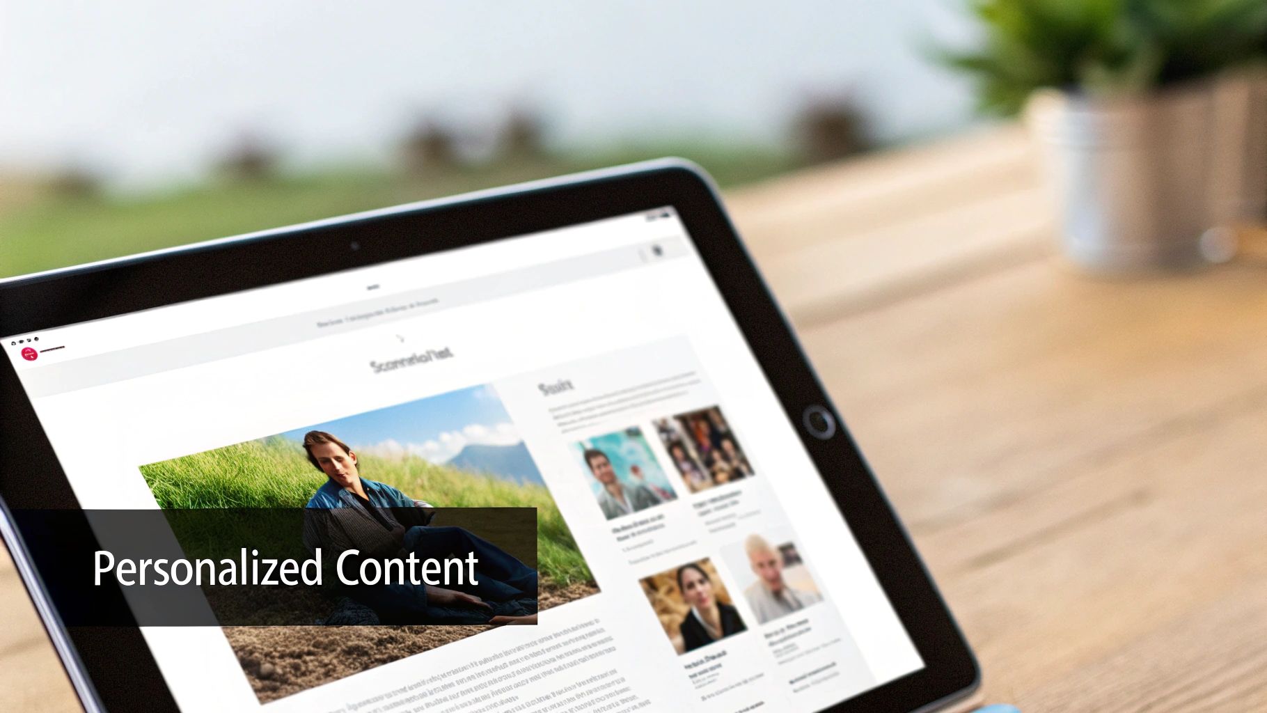 A tablet displaying a webpage with personalized content, featuring images of people and a man in a field.
