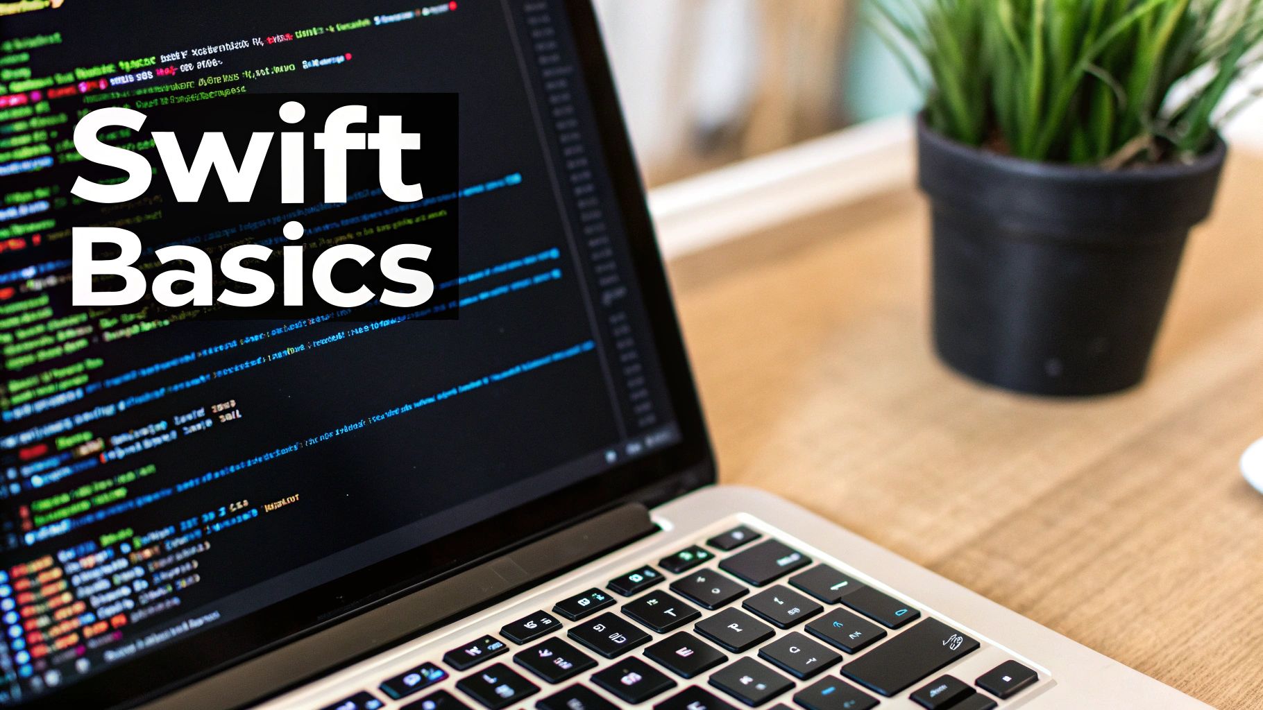 A code snippet showing Swift programming concepts on a dark background.