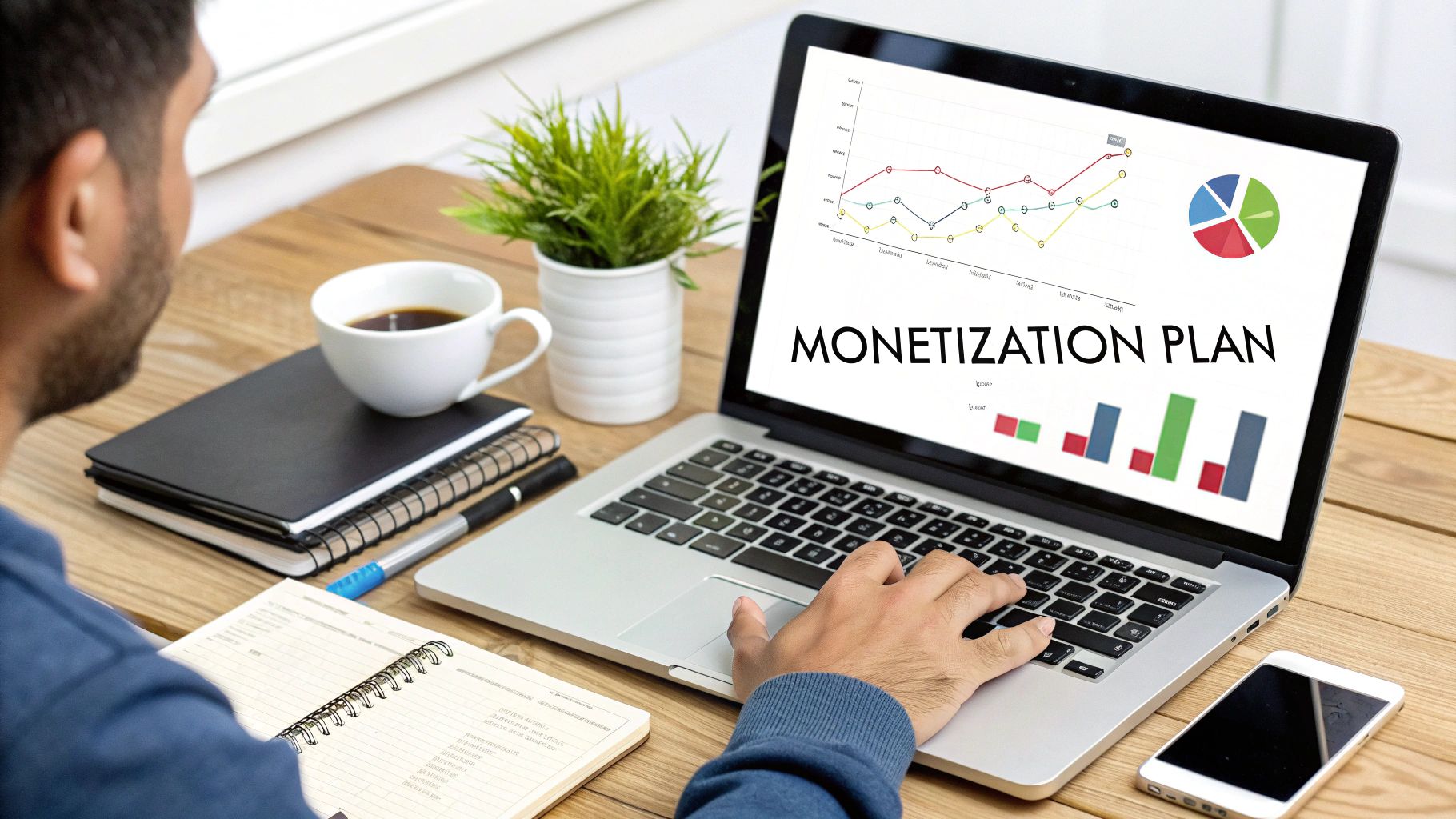 A person reviews a monetization plan on a laptop with charts and graphs.