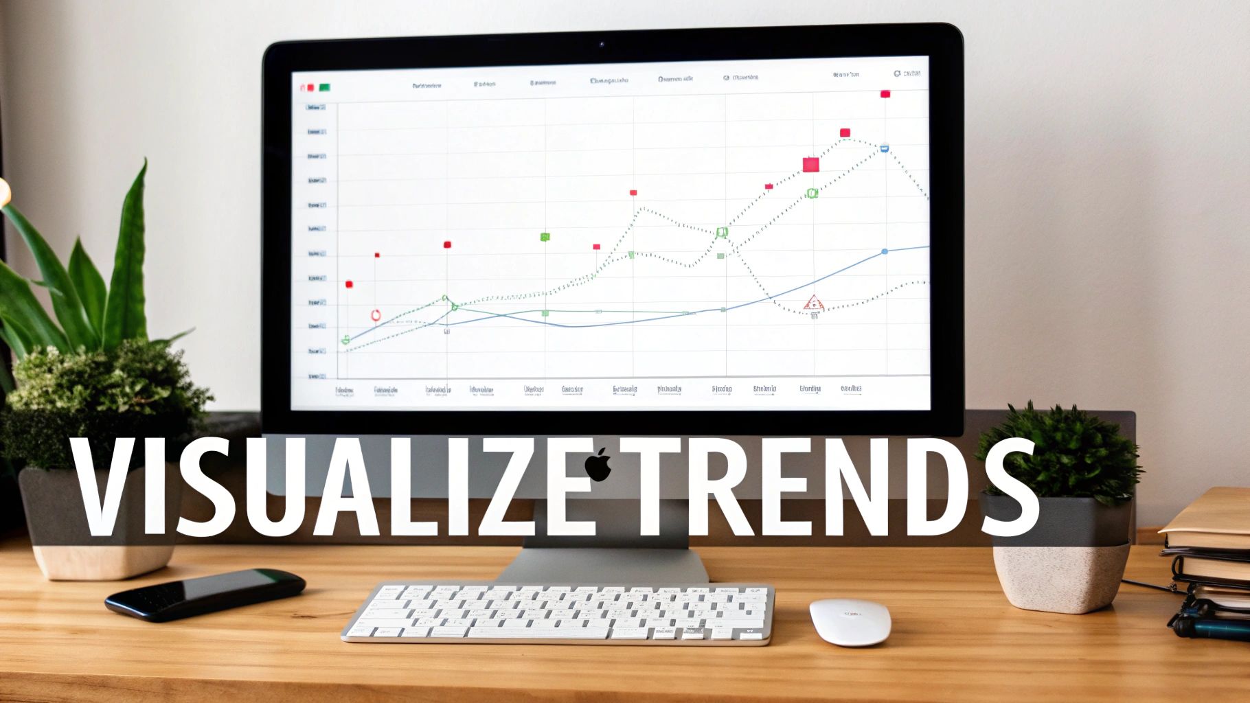 An iMac displays complex financial trend graphs on a wooden desk with a keyboard, mouse, and plants.
