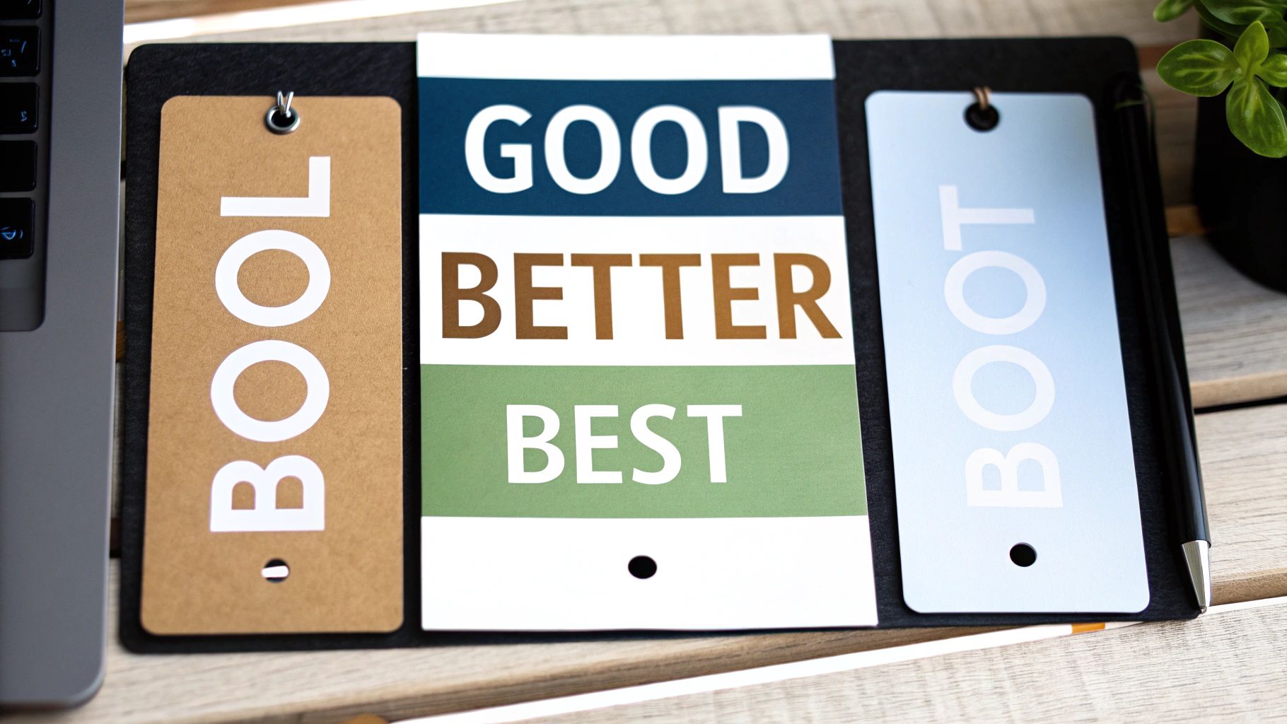 Three informational cards: 'GOOD BETTER BEST', 'BOOL', and 'BOOT', on a desk.