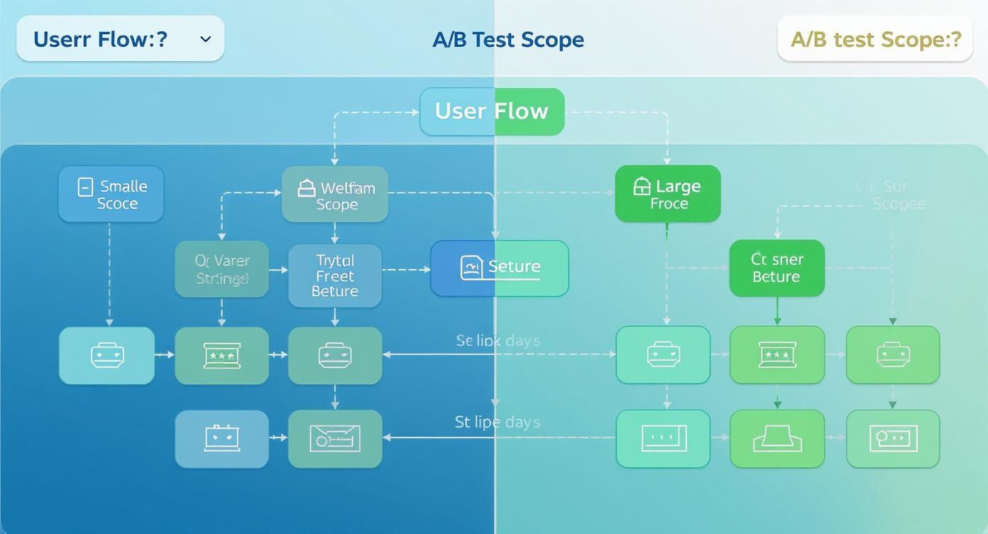 A/B testing flowchart showing user flow split between control and variant groups with scope comparison