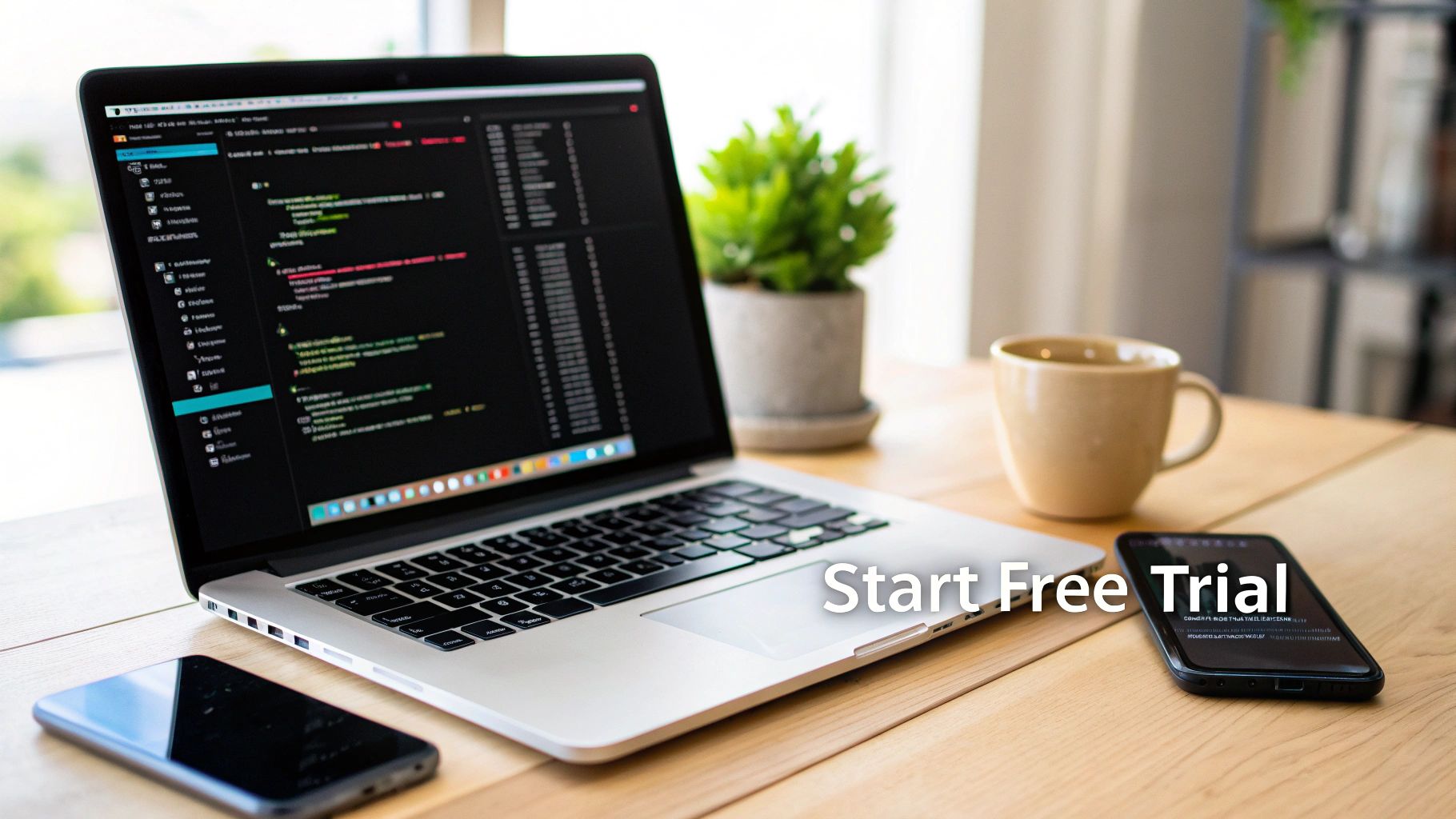 A laptop displaying code, two smartphones, and a coffee mug on a wooden desk with 'Start Free Trial' text overlay.